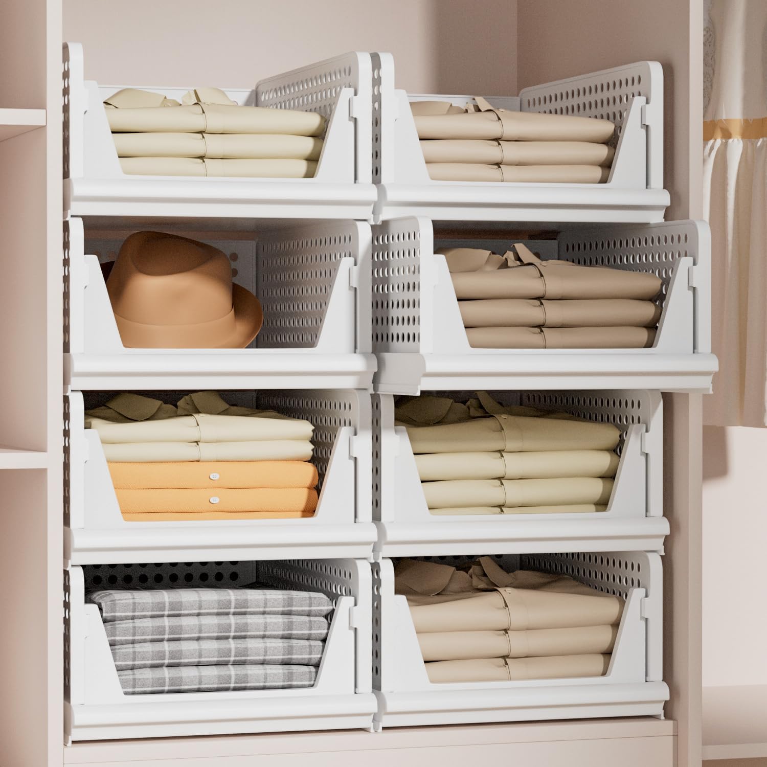 Proarea Stackable Plastic Storage Basket Closet Organizer Bin Foldable Clothes Organizer Storage Drawer Shelf Container for Living Room Bathroom Kitchen Office Laundry Room