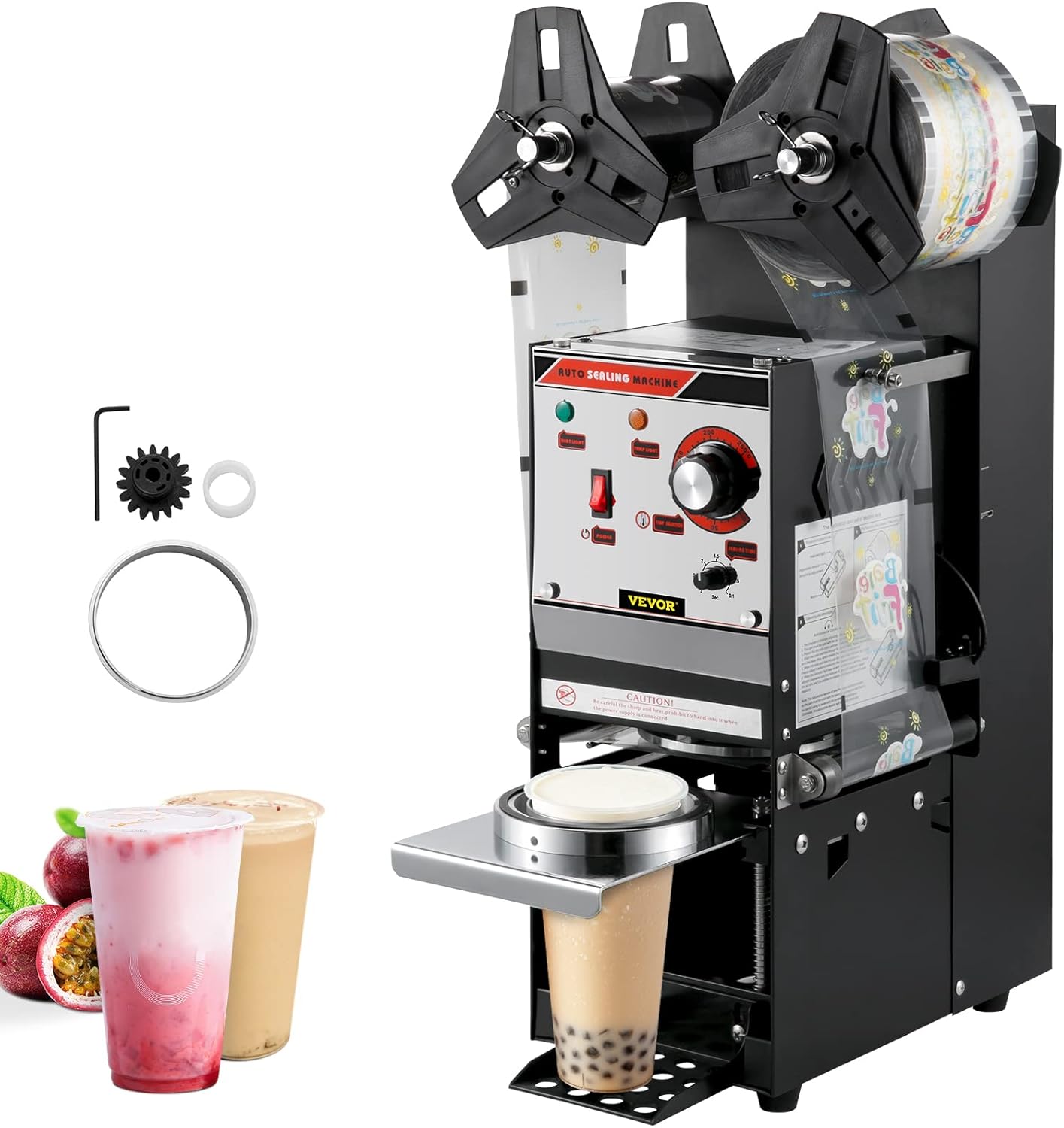 VEVOR Semi-automatic Cup Sealing Machine, 300-500 Cup/h Tea Cup Sealer Machine, Black Boba Cup Sealer Machine, 90/95mm Cup Diameter Boba Cup Sealing Machine with Control Panel for Bubble Milk Tea