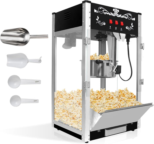 16oz Commercial Popcorn Machine, 1440W Countertop Popper Maker with 3-Switch Control & Tempered Glass Doors, Stainless Steel Kettle Makes 80 Cups\/Batch for Home Theater & Parties, Black