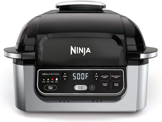 Ninja | Indoor Grill | Foodi | 5-in-1 (Grill, Air Fry, Roast, Bake, and Dehydrate | Fits up to 3lb Roast | Smoke Control System and Dishwasher Safe Parts| Black\/Grey | AG301