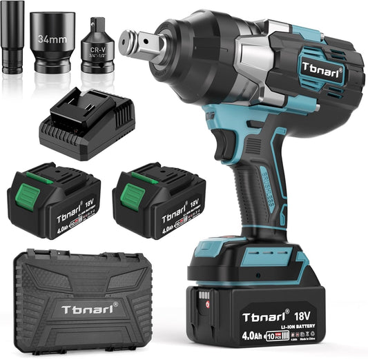 Cordless Impact Wrench 3/4 Inch High Torque 1180 Ft-lbs 1600N.m Brushless Impact Gun 1600RPM with 4.0Ah Battery, 3 Sockets, Charger and Plastic Case