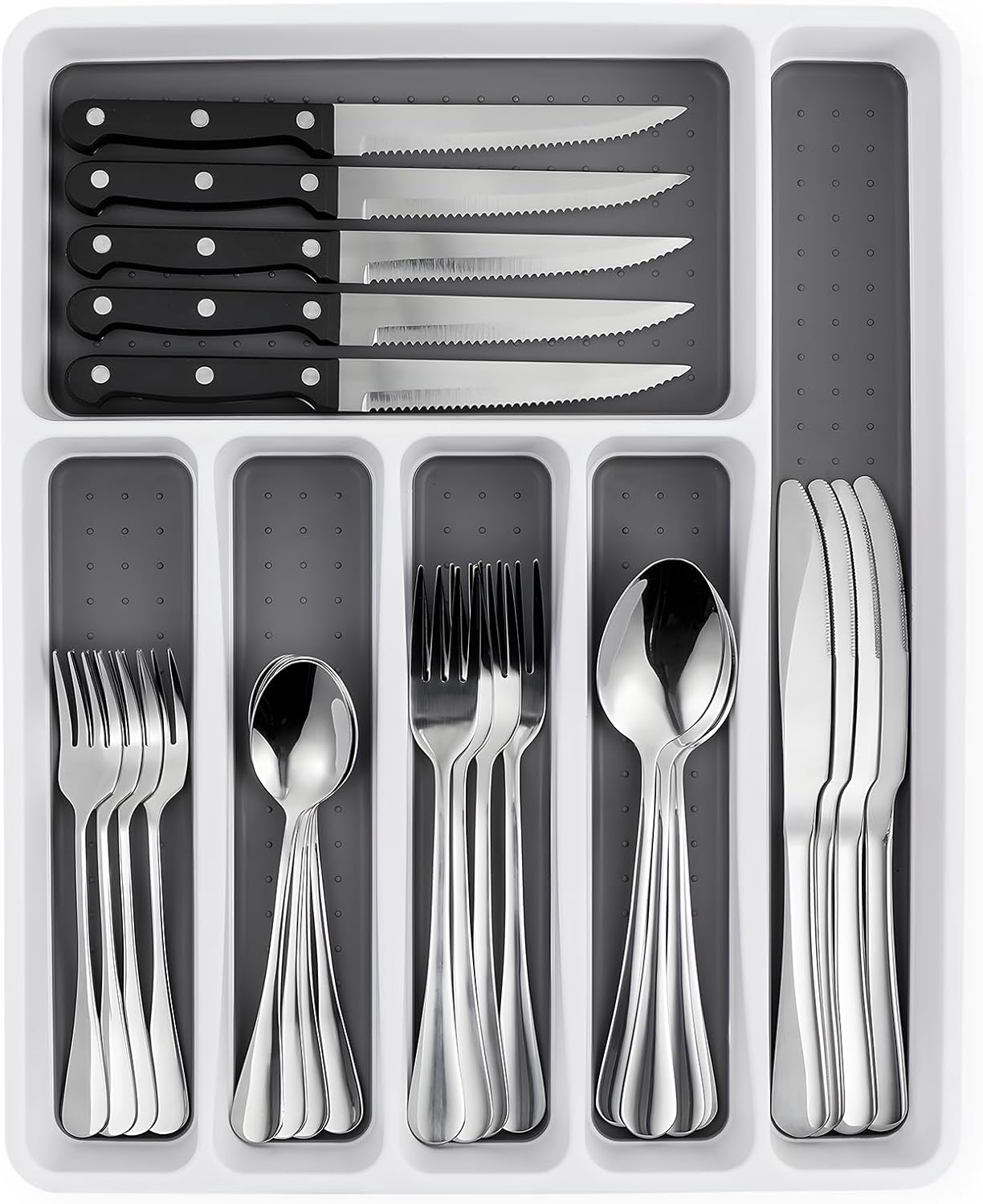 49 Piece Silverware Set with Organizer - Stainless Steel Cutlery Set for 8, kitchen Utensil Flatware with Steak Knives, Spoons and Forks, Dishwasher Safe, Rust-proof & Mirror Polished