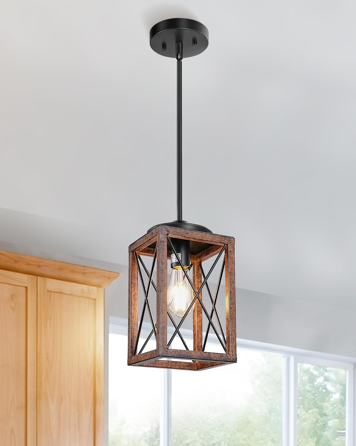 DEWENWILS Farmhouse Pendant Light, Metal Hanging Light Fixture with Wooden Grain Finish, 48 Inch Adjustable Pipes for Flat and Slop Ceiling, Kitchen Island, Bedroom, Dining Hall, E26 Base