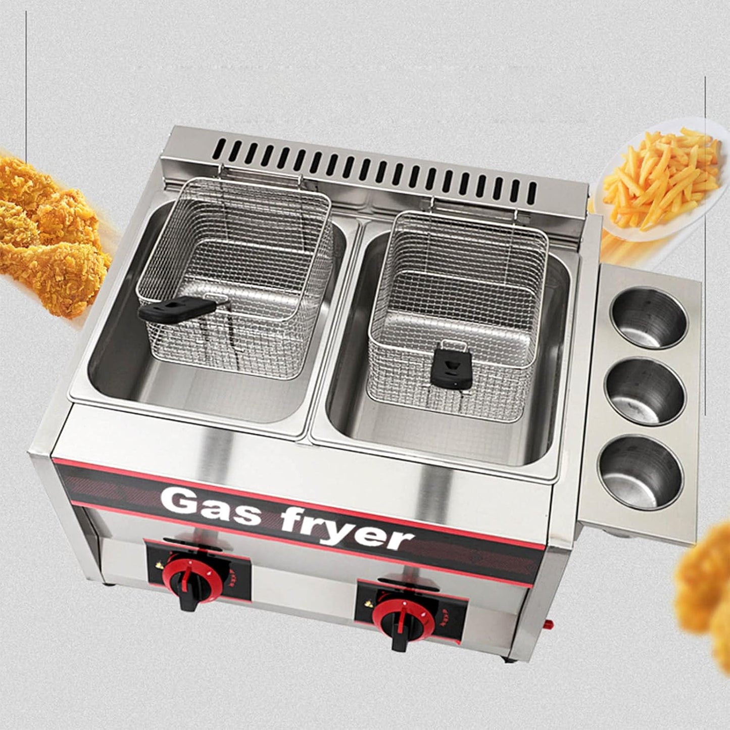 Countertop Gas Fryer, Multi-Function Double-cylinderGas Fryer, French Fries Machine, 22L Large Capacity Dual Fryer, with Frying Basket and Lid, 304 Stainless S