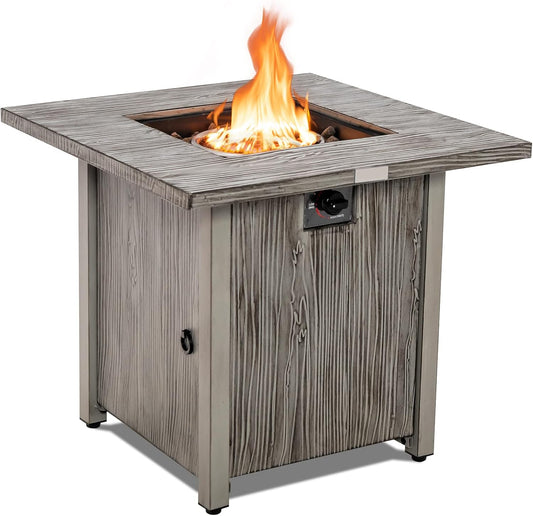 HAPPYGRILL 28\u201D Propane Fire Pit Table, 40,000 BTU Outdoor Propane Gas Fire Table with Wood-Like Tabletop, Lid and Lava Rocks, Square Auto-Ignition Propane Firepit with PVC Cover