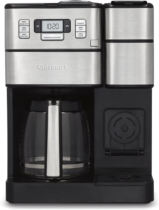 Cuisinart SS-GB1 Coffee Center Grind and Brew Plus, Built-in Coffee Grinder, Coffeemaker and Single-Serve Brewer with 6oz, 8oz and 10oz Serving Size, Black\/Silver, 12-Cup Glass