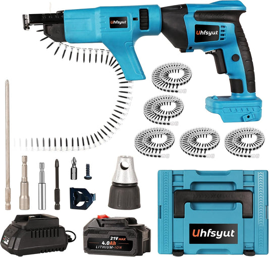 Uhfsyut 21V Cordless Drywall Screw Gun and Electric Screwdriver - 2-in-1 Self-Feeding Screwdriver, Includes Storage Toolbox and 4.0Ah Battery, Perfect for DIY and Professional Use (One battery set)