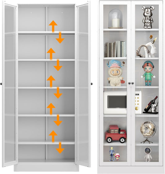 72” H Steel Display Cabinet with Glass Doors & 5 Adjustable Shelves – Storage Showcase for Collectibles, Kitchen Appliances & Books – Durable White Bookshelf Cabinet for Study, Living Room & Kitchen