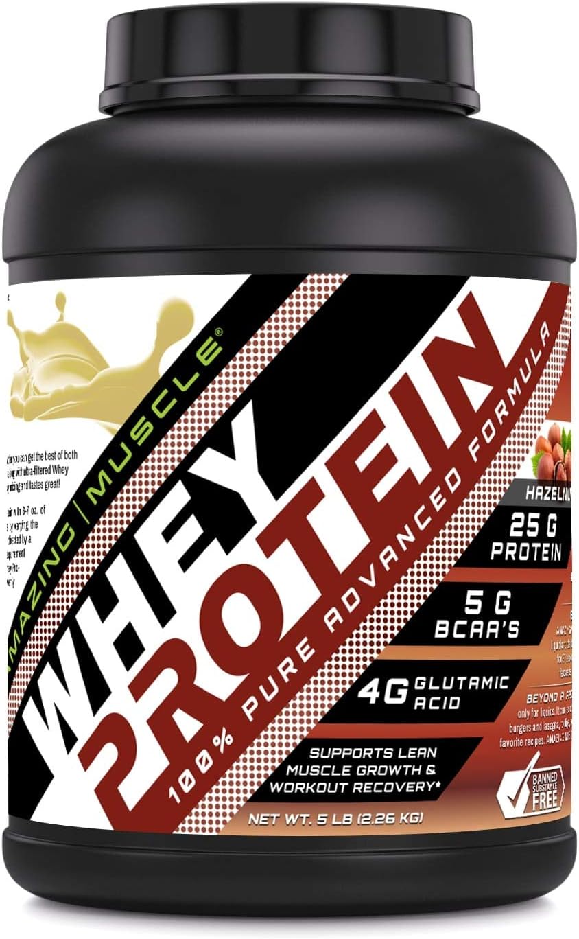 100% Whey Protein Powder *Advanced Formula with Whey Protein Isolate as a Primary Ingredient Along with Ultra Filtered Whey Protein Concentrate (Hazelnut, 5 Lb)