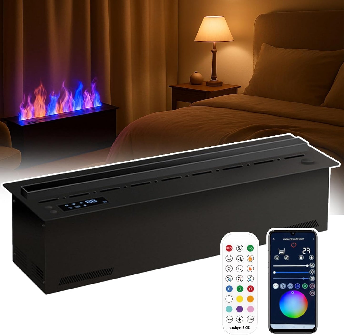 3D Water Vapor Fireplace, Automatic Water Fireplace,9 Color Adjustable Flame|3D Simulated Flame - Water Mist Touchable, Recessed Vapor Fireplace with Remote/App Control, for Home 50cm/19.6in