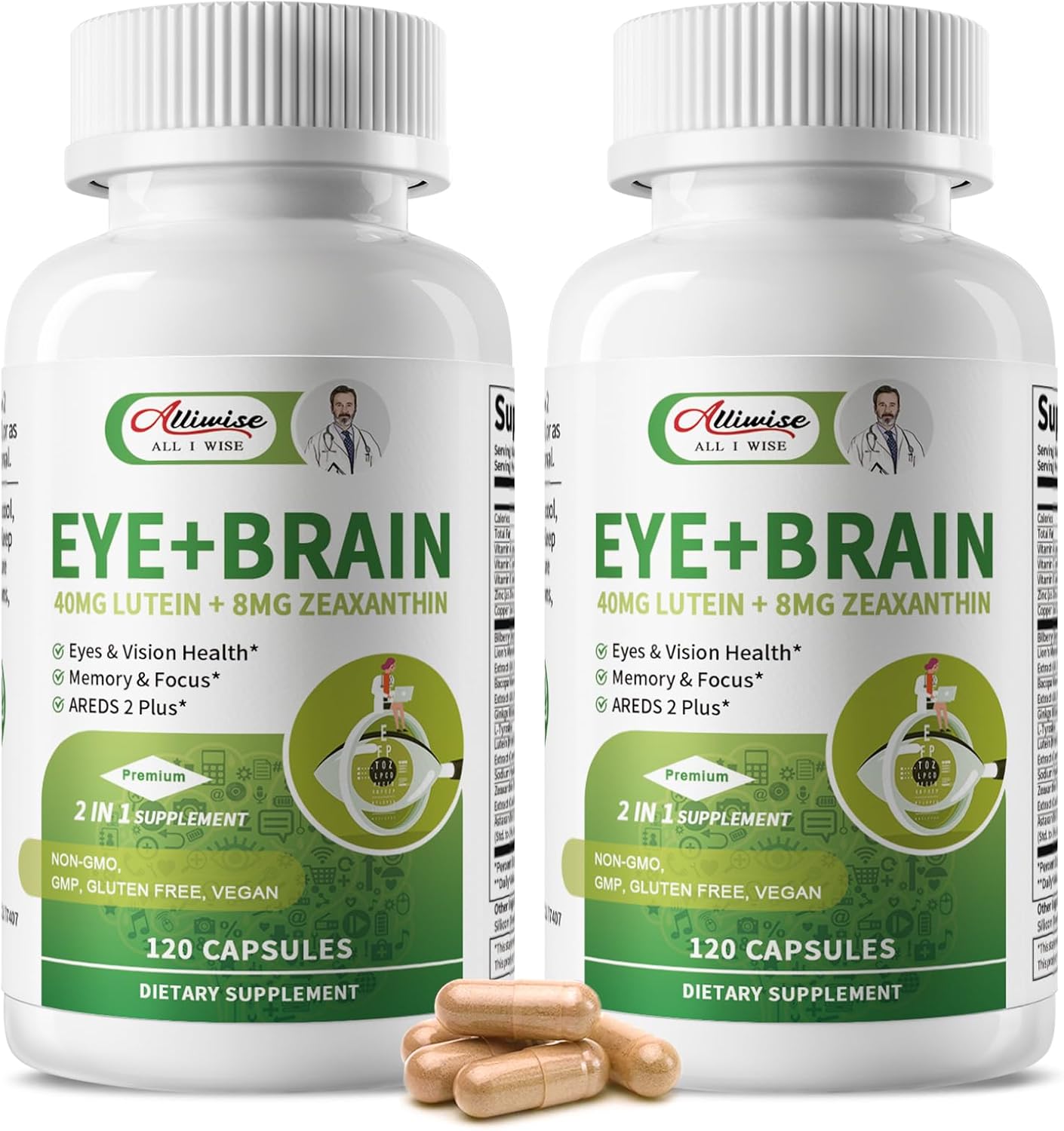 Alliwise 2 Pack Lutein Eye Vitamins 14 in 1 Supplement Eye Vitamins for Ocular Health, Dry Eye Support, Memory & Focus Supplement, Contains Zeaxanthin, Zinc, Vitamins A\/C\/E, 240 Capsules Total