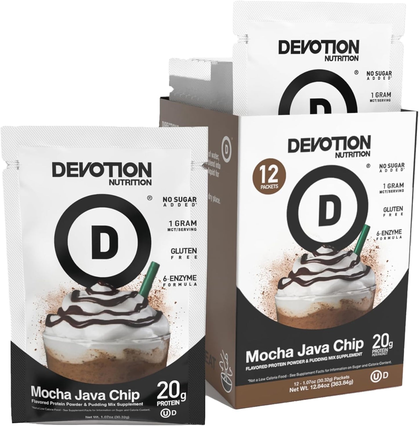 Devotion Nutrition Protein Powder Blend | Gluten Free, Keto Friendly, No Added Sugars | 1g MCT | 20g Whey & Micellar Protein | 12 Single Serving Packets (Mocha Java Chip)