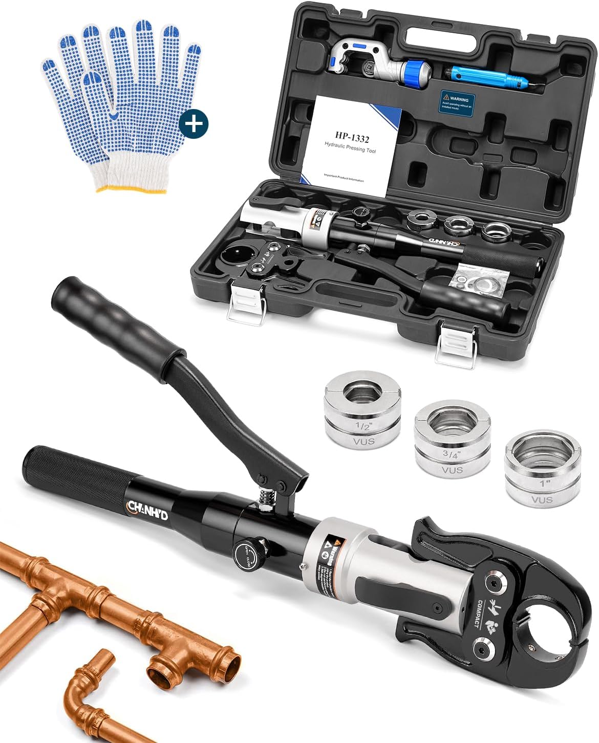 CHANHYD Hydraulic Copper Tube Fittings 1\/2, 3\/4, 1" Press Crimping Tool Kit Pex Pipe Crimper Pressing Pliers Stainless PEX Press Sleeves for Narrow Space Tee Copper Pipe