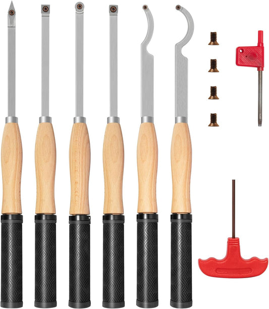 18.3" Full Size Carbide Tip Wood Lathe Turning Tool Kit, Lathe Roughing and Finishing Hollow Tool with Diamond Round Square Carbide inserts For Woodturning(6pcs)