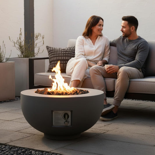 Outdoor Round Propane Fire Pit Table 28-inch,40,000 BTU Fire Pit Bowl,Light Concrete Propane Fire Pit with Lava Rocks,Rain Cover and Burner Lid,for Outside Patio,Garden,Deck