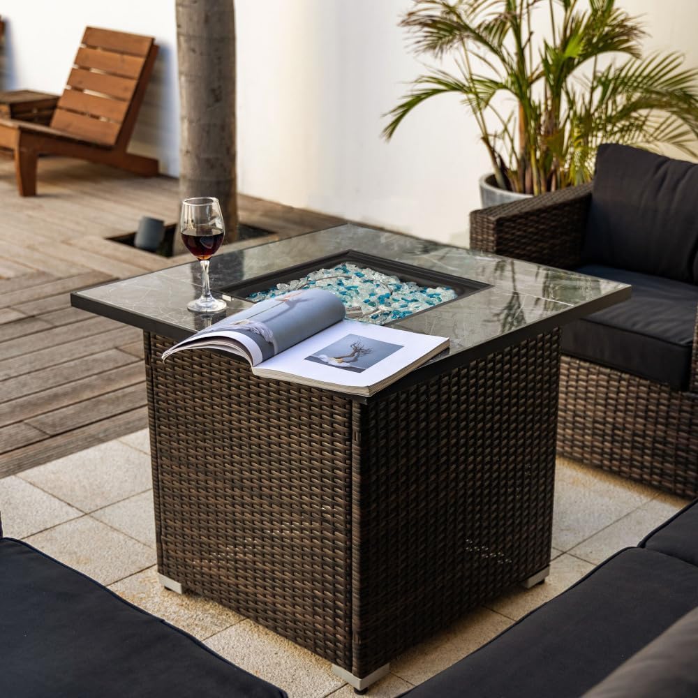 30 Inch Propane Gas Fire Pit Table with Ceramic Tile Top and Wicker Base for Patio Garden Deck Outdoor Gatherings