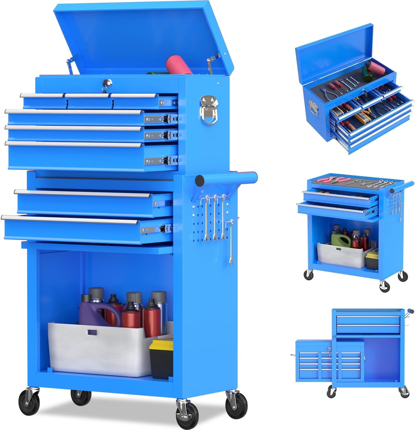 8-Drawer Rolling Tool Chest Tool Box,Removable Tool Storage Cabinet with 4 Wheels and Drawers,2 in 1 Portable Toolbox Organizer, Tool Chest with Lockable Drawer Gifts for Men, Blue