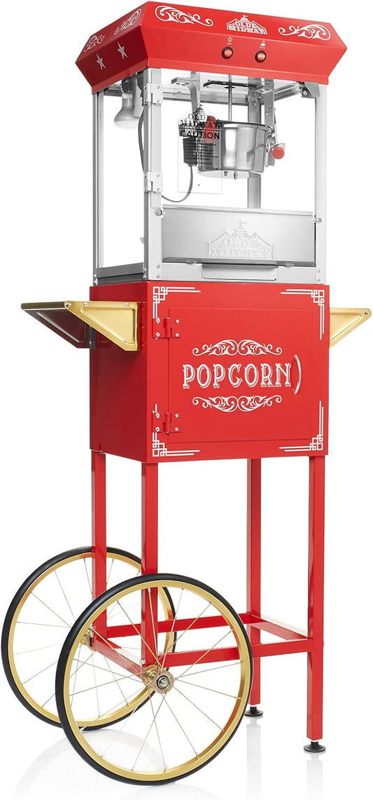 Olde Midway Vintage Style Popcorn Machine Maker Popper with Cart and 6-Ounce Kettle - Red