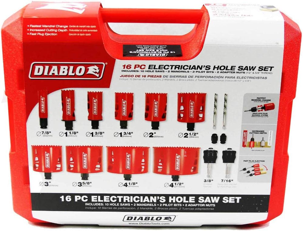 Diablo Bi - Metal Hole Saw Set for Electricians - Fits with Snap-Lock Plus Mandrel System - 10 Saw Cups, 2 Snap-Lock Plus Mandrels, 2 Pilot Bits, 2 Adaptor Nuts - DHS16SEL