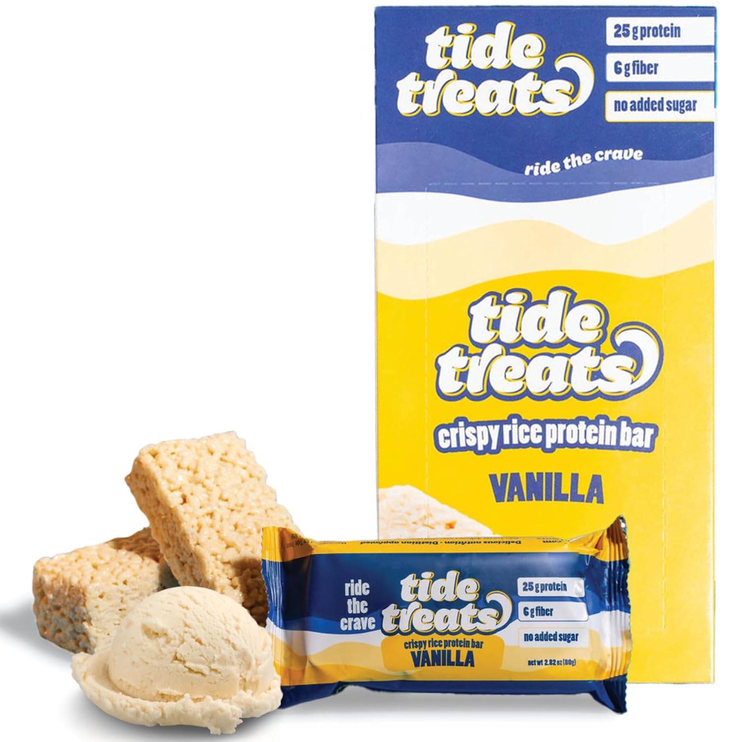 25g Protein Bar Crispy Rice Treat Vanilla | Clean Ingredients, No Added Sugar, 7g Fiber, Gluten Free | High Protein Snack for On-the-Go, Post-Workout or Dessert Cravings | 8 Count | TideTreats