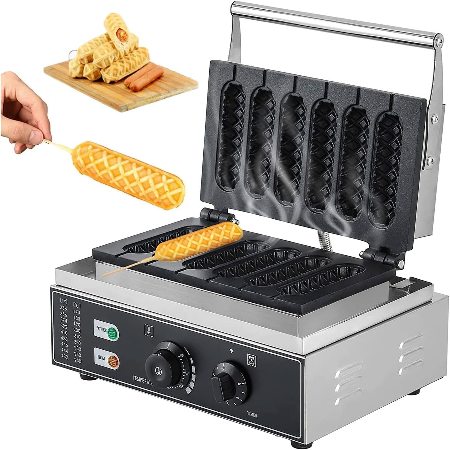 Commercial 6pcs Hot Dog Sausage Maker, 1550W Non-Stick Coating Electric Waffle Machine, 50-300℃ Adjustable Corn Dog Machine with Timer, House Party, Snack Bar, Dessert Shop
