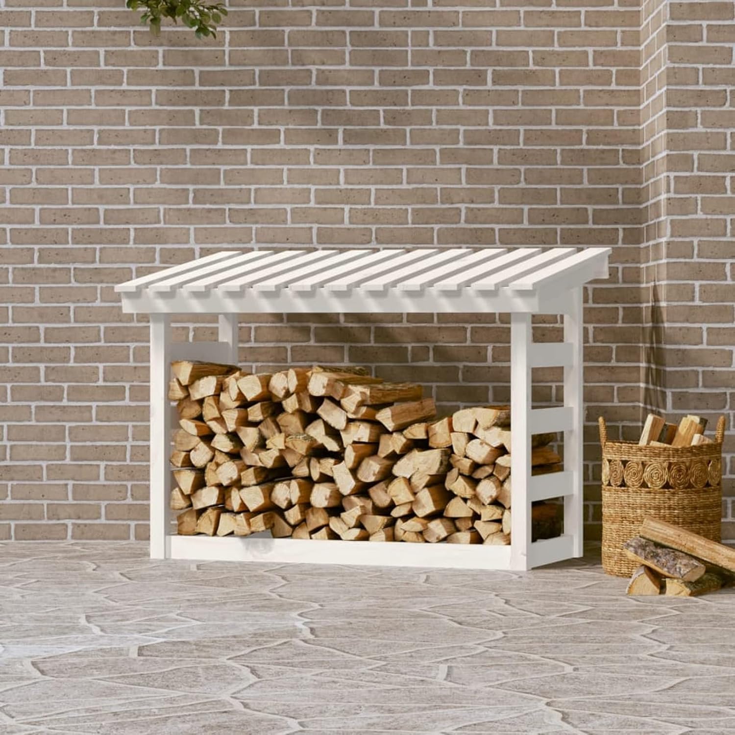 Firewood Rack White 108x64.5x78 cm Solid Wood Pine, Firewood Log Rack, Firewood Storage Rack Shelf, Ventilation Metal Log Store Holder for Outdoor Indoor Wood Stand Set Log Rack Carrier
