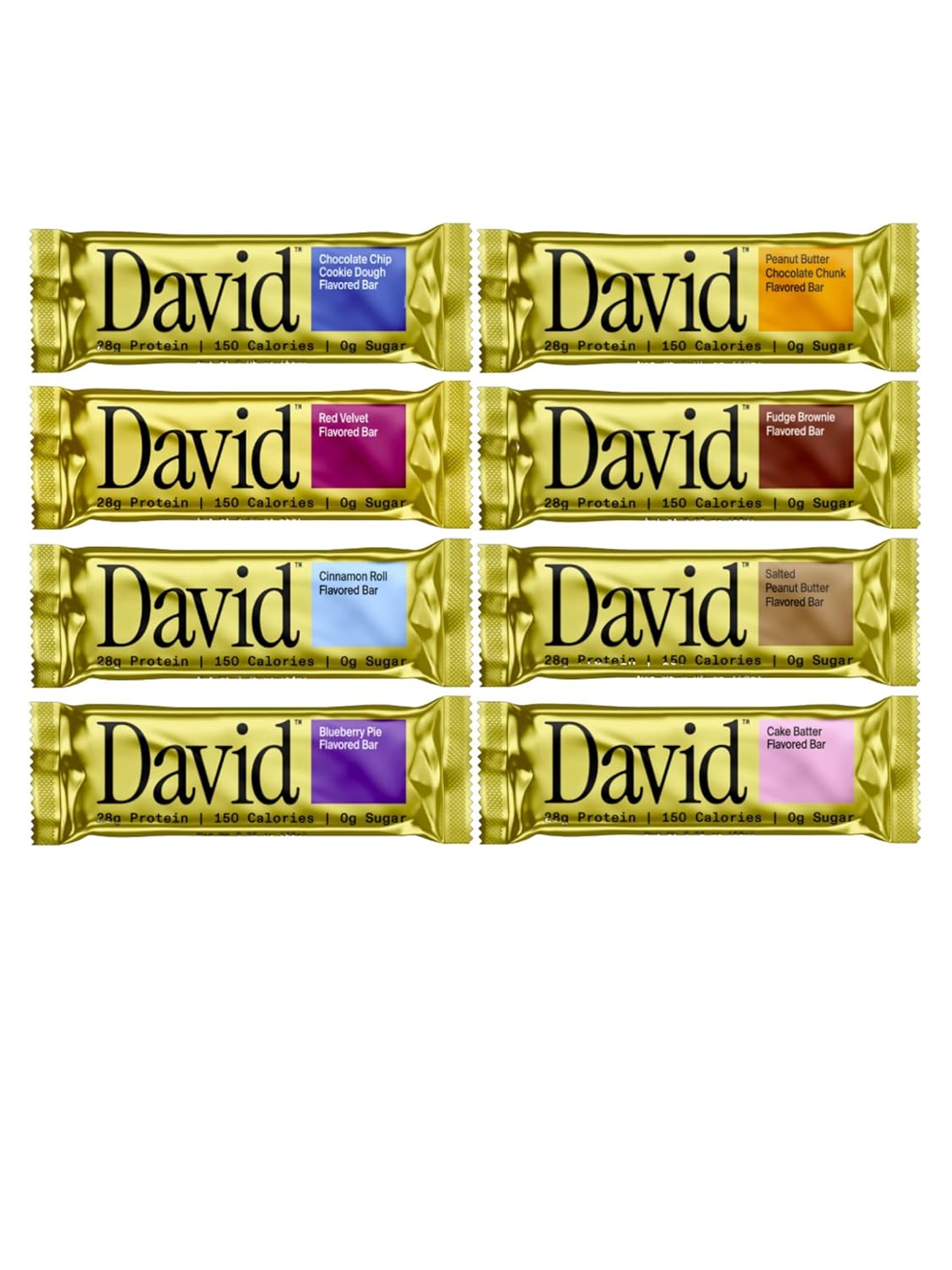 David Protein Bar Variety Pack – 8 Flavors – 28g Protein, 150 Calories, 0g Sugar, High Protein Low Carb Snack Bars – Gluten Free (Pack of 8) All Flavors