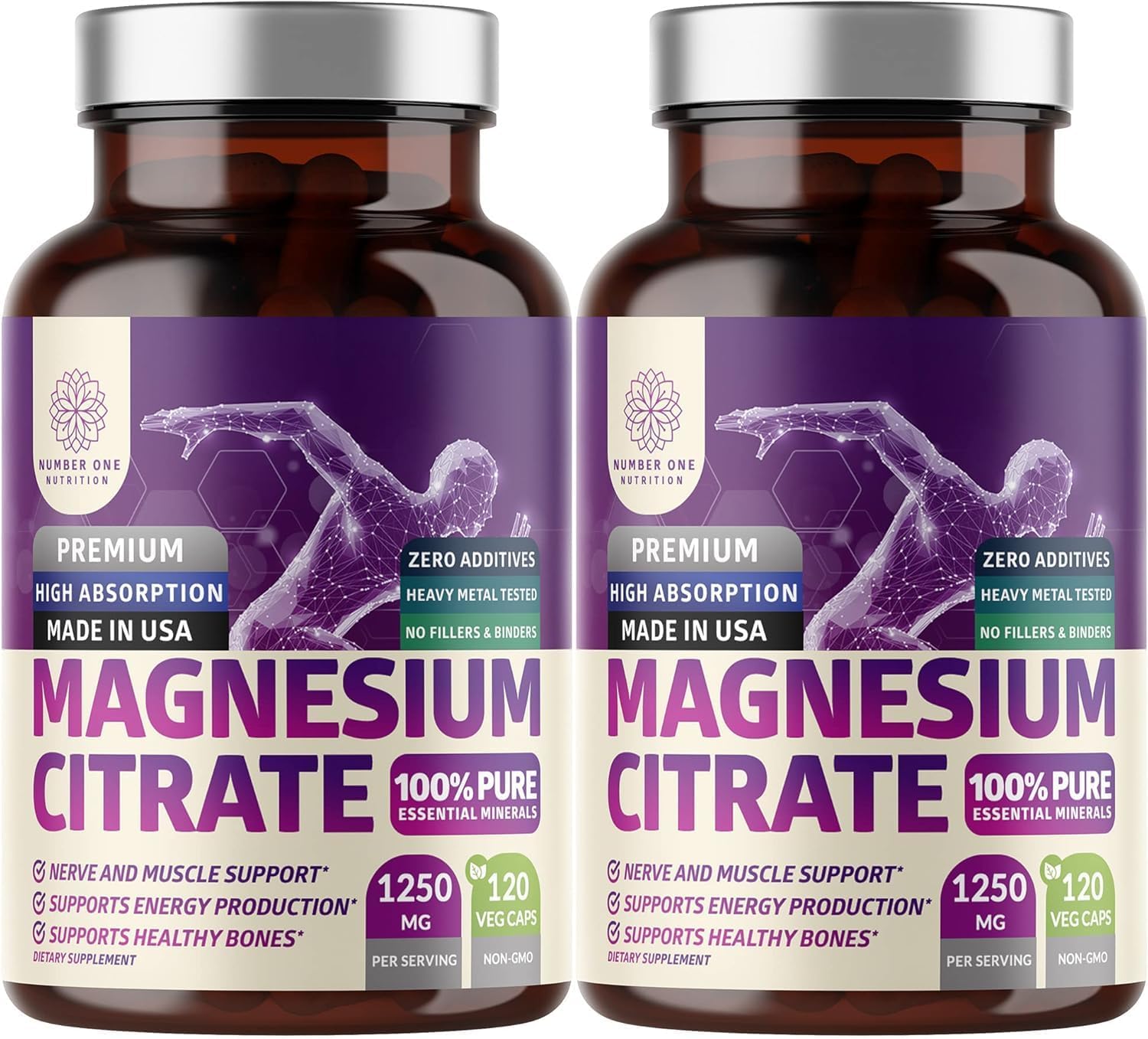 2-Pack Pure Magnesium Citrate Capsules 1250mg, Easily Absorbed and Purified Trace Mineral for Muscle and Digestive Support, 240 Caps