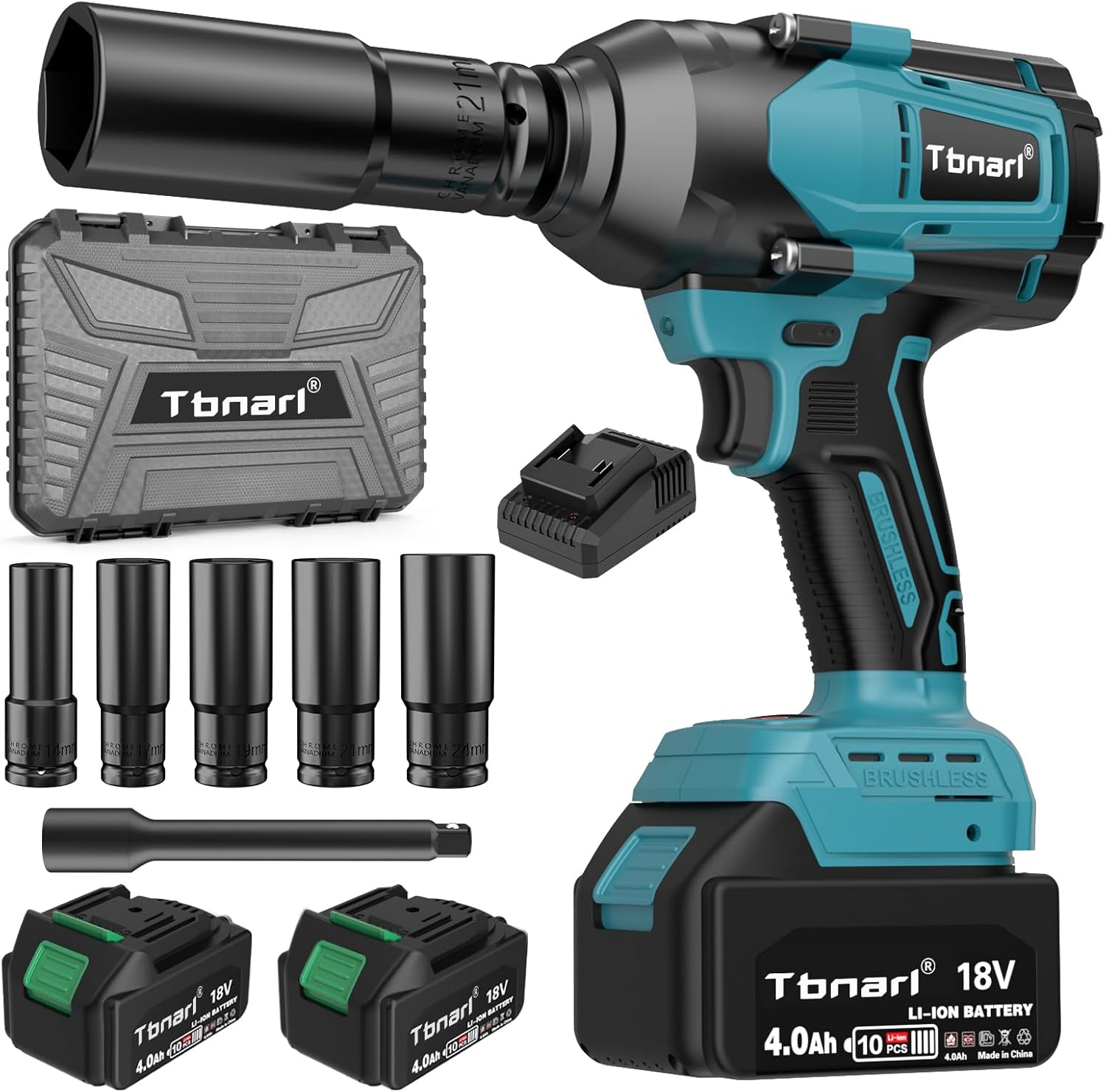 Cordless Impact Wrench 1/2inch, High Torque 597 Ft-lbs 810N.m Brushless Impact Gun, 3300RPM with 4.0Ah Battery, 6 Sockets, Charger and Plastic Case