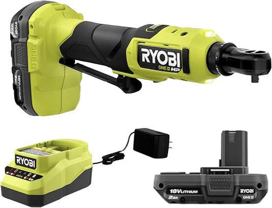 Ryobi One+ HP 18V 1/4" Brushless Cordless Compact Electric Ratchet Kit with 2.0Ah Lithium Battery and Charger, 4-Position Rotating Head, and Up to 460 RPM