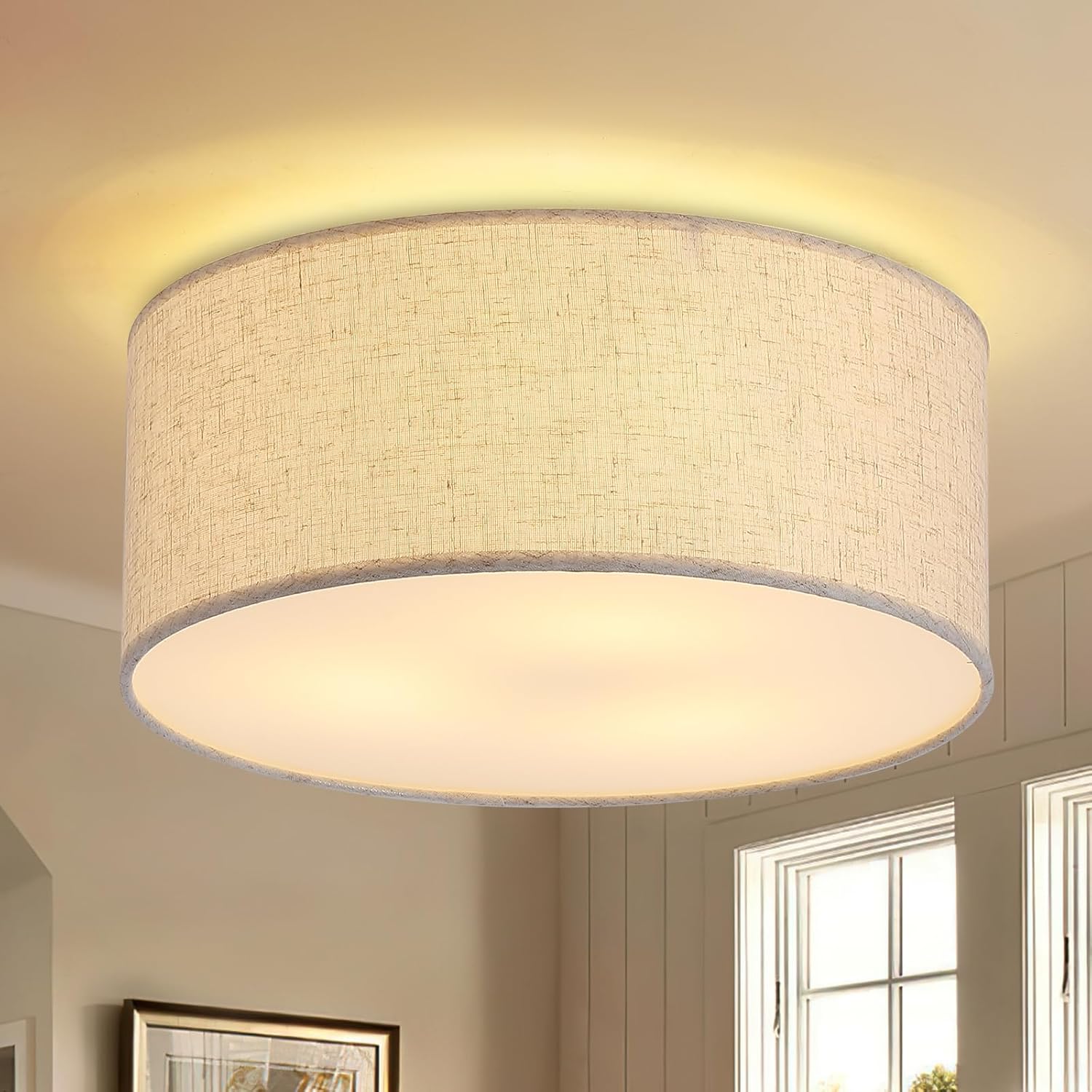 12.6" Modern Close to Ceiling Light with Linen Fabric Drum Shade,3-Light Semi Flush Mount Ceiling Light Fixture,Drum Light Fixtures Ceiling Mount for Kitchen, Bedroom, Bathroom, Living Room, Hallway
