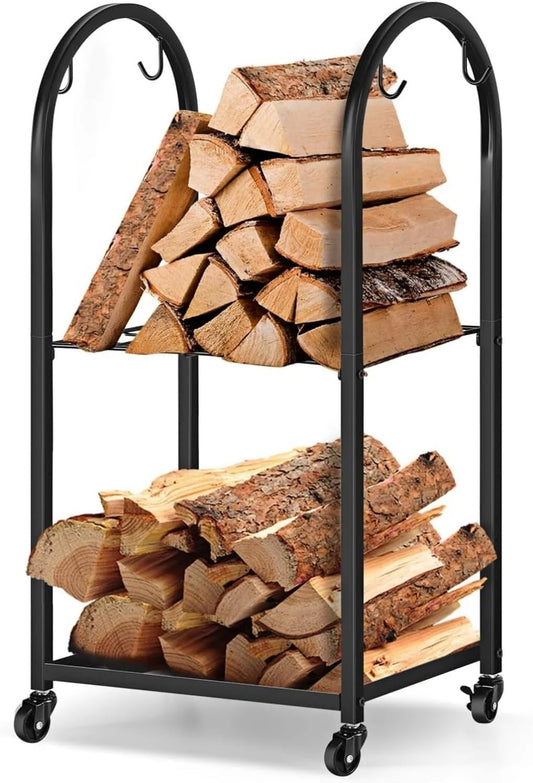 Fnacuody Firewood storage rack Heavy Duty Mobile Firewood Rack Wheels, Indoor\/Outdoor Log Storage Organizer for Fireplace\/Patio\/Stove - Black