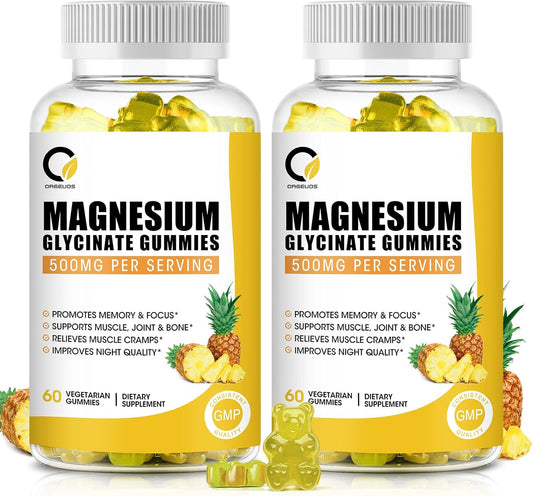 (2 Pack) Magnesium Glycinate Gummies 500mg, High-Absorption Magnesium Supplement with Calcium & Vitamins, Support Bone, Muscle, Night, Memory & Mood, Vegan, Non-GMO, 60 Counts, Pineapple Flavor