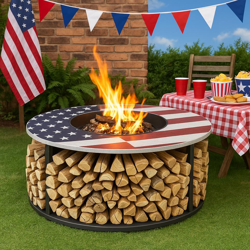 38 Inch Commemorative Outdoor American Flag Fire Pit with Log Storage - Rust Resistant Steel Woodburning Firepits for Outside - Patio Fire Pit with Removable Fire Grill and Fire Pan
