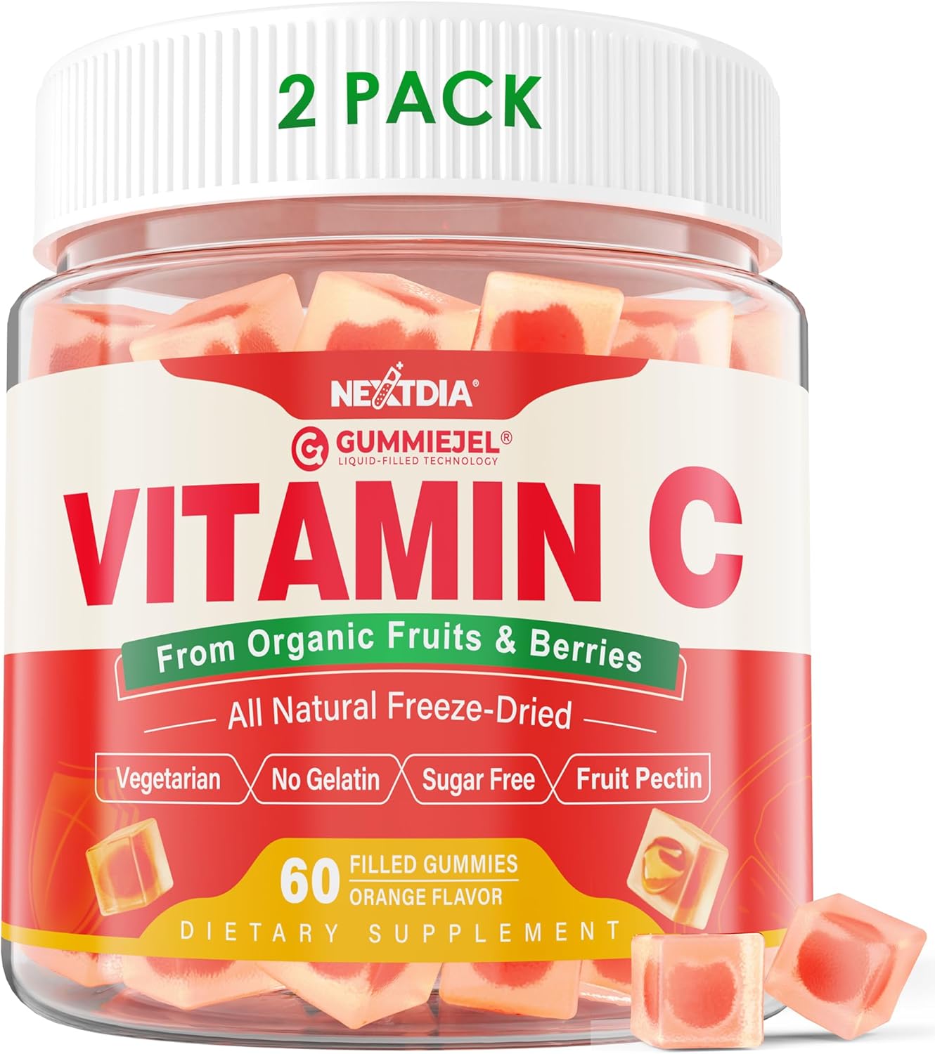 2 Pack - Organic Vitamin C Gummies 120mg for Adults, Sugar Free, Daily Immune Defense, Raw Antioxidant, 100% Whole Food Chewable Vitamin C Supplement from 1200mg Berries & Fruits for Collagen, Vegan