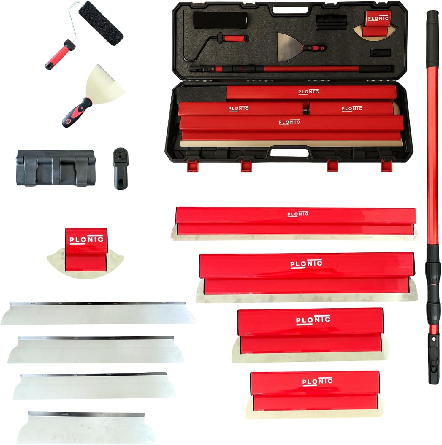 Drywall Skimming Blade Set with Portable Case, Stainless Steel 10", 14", 24", 32" & 40" Skimming Blades with 40"-84" Extension Handle, Drywall Finishing Tools for Plasterboard and Wallboard