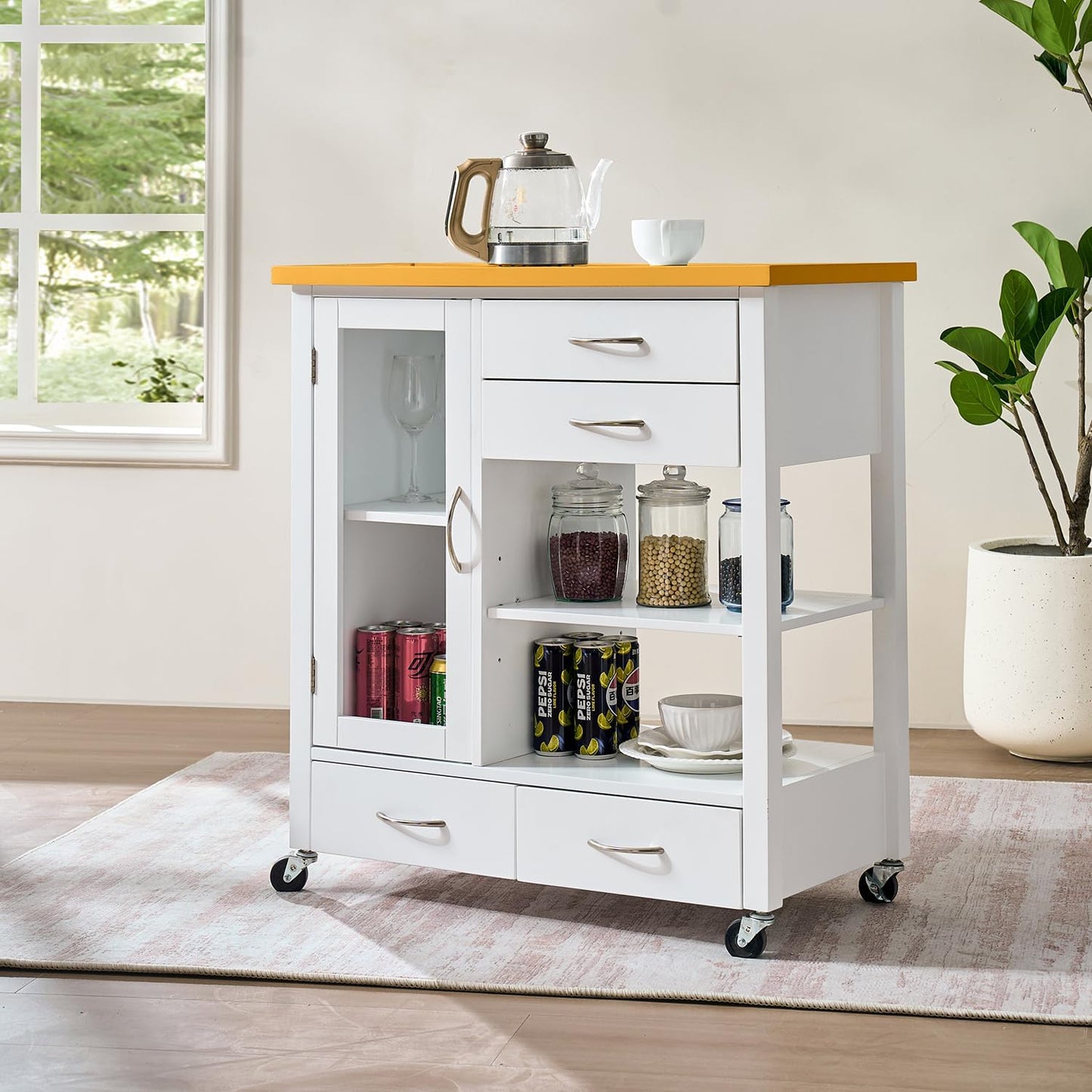 Kitchen Island Cart with Storage - Portable Bar Rolling Storage Cabinet on Wheels, Cart Side Table with Walnut Wood Top, Drawers, Sideboard Buffet with Towel Bar, Dinning Room, White