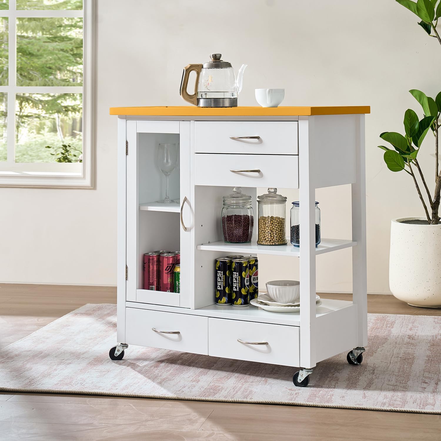 Kitchen Island Cart with Storage - Portable Bar Rolling Storage Cabinet on Wheels, Cart Side Table with Walnut Wood Top, Drawers, Sideboard Buffet with Towel Bar, Dinning Room, White