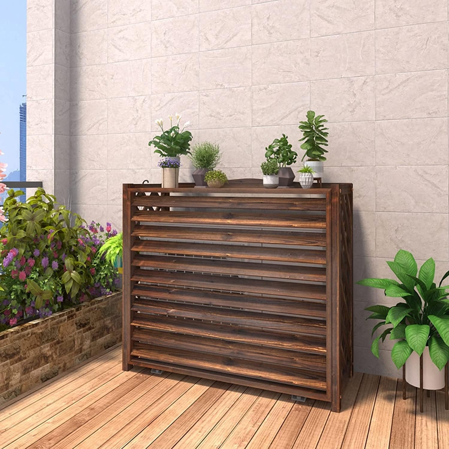 Outdoor AC Cover, Air Conditioner Fence for Outside Units Outdoor Air Conditioner Cover for Heat Pump, Solid Wood Air Conditioning Frame Garden Plant Flower Pot Stand, Outdoor Privacy AC Cov