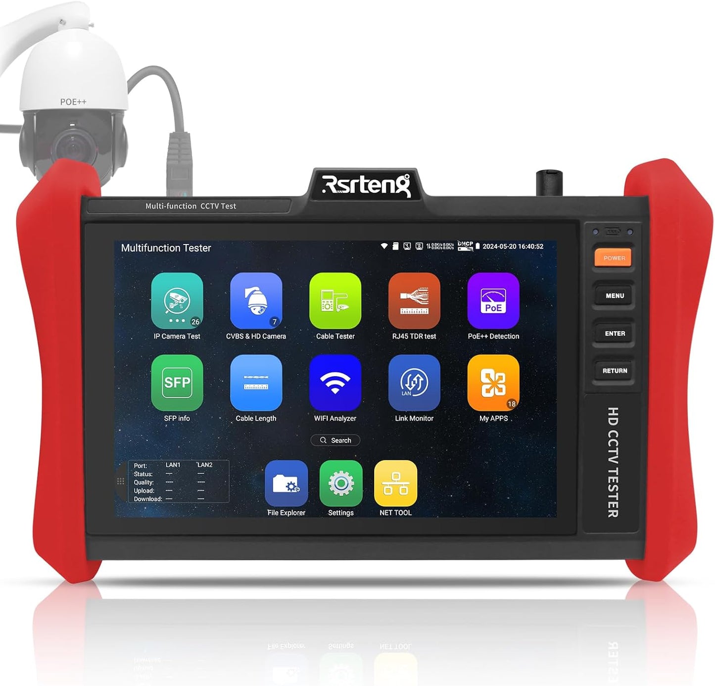 Rsrteng CCTV Tester 4K 12MP IP Camera Tester POE++ Max 90W POE Camera Tester 8MP TVI\/CVI\/AHD\/CVBS Coaxial Camera Tester,1CH SFP Module,WiFi,Network Tools,Cable Tester,HD\/VGA,POE Detection