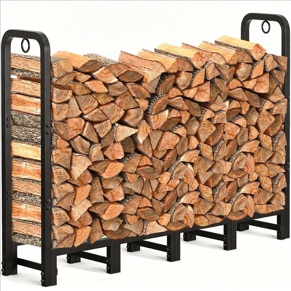 Metal Firewood Rack,Indoor Outdoor Log Holder,Heavy Duty Firewood Holder,Fireplace Wood Pile Storage Stacker Organizer, Black,Holds Up to 440 LB
