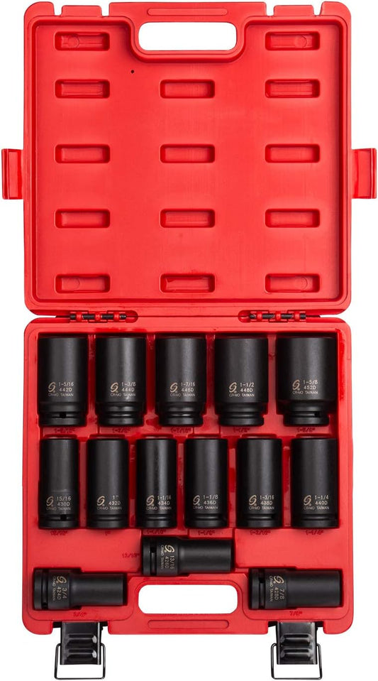 SUNEX TOOLS 4638, 3\/4 Inch Drive Deep Impact Socket Set, 14-Piece, SAE, 3\/4" - 1-5\/8", Cr-Mo Alloy Steel, Radius Corner Design, Dual Size Markings, Heavy Duty Storage Case