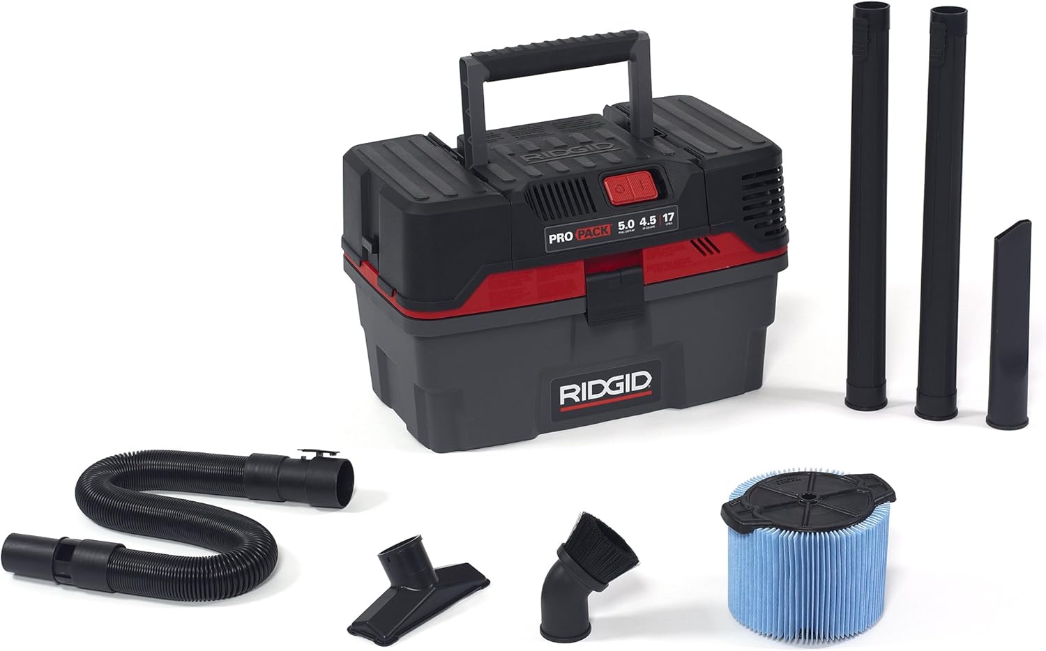 RIDGID 50318 4500RV ProPack 4.5-Gal. Portable Wet Dry Shop Vacuum with Toolbox Design, 5.0 Peak HP Motor, Expandable Pro Hose, and Blower Port, Red