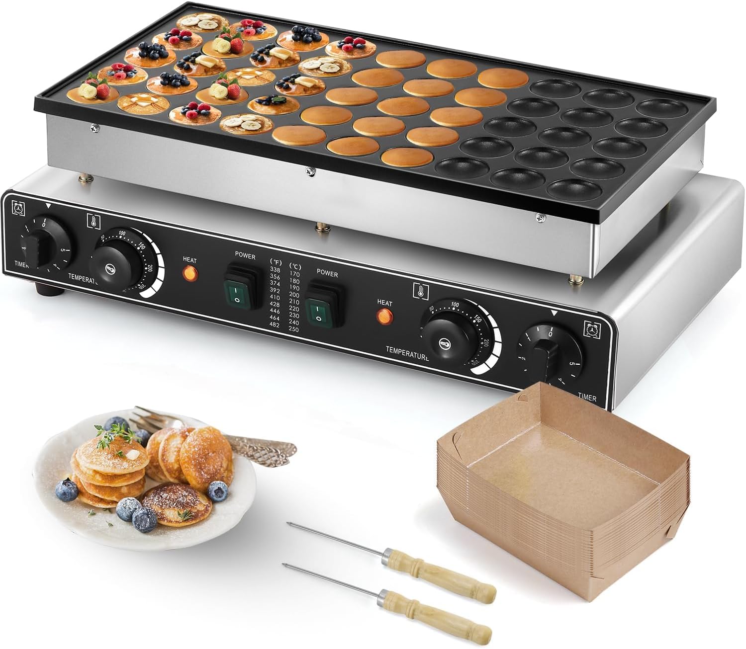 Moongiantgo Mini Dutch Pancake Maker 50PCS, Commercial Non-stick Pancake Baker Machine 50-300℃ Temp and 0-5 Time Control Electric Muffin Maker Stainless Steel for Home and Restaurants, 110V