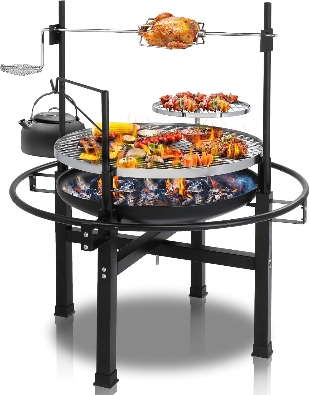 ROVSUN 33'' Outdoor Fire Pit with 2 Grills, Wood Burning Round Firepit with Swivel Cooking Grate, Removable Swivel Grill for Backyard, Patio, Picnic, BBQ and Parties