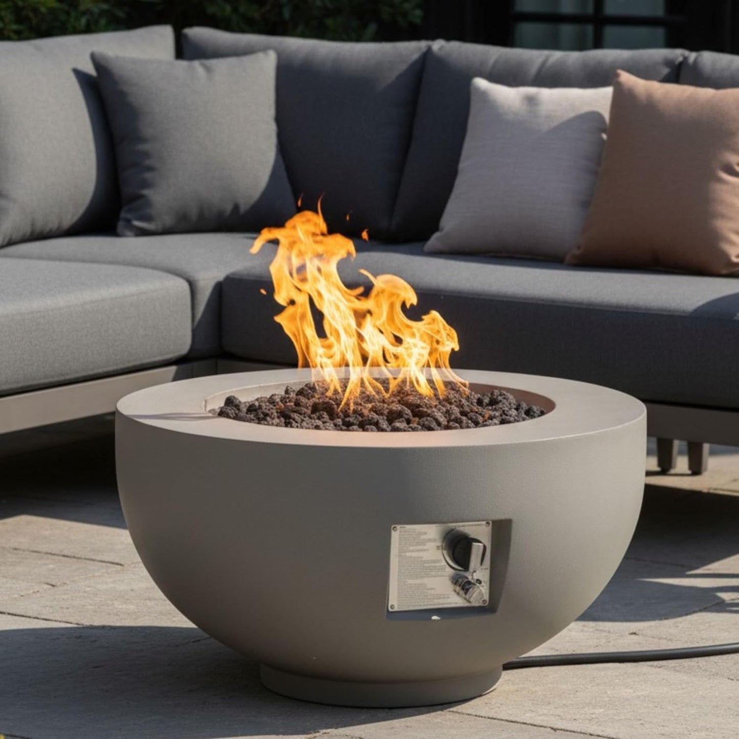 28" Round 40,000 Btu Propane Fire Pit for Outdoor Patio Garden Backyard Decking Décor, Light Concrete Propane Fire Pit with Lava Rocks,Rain Cover and Burner Lid