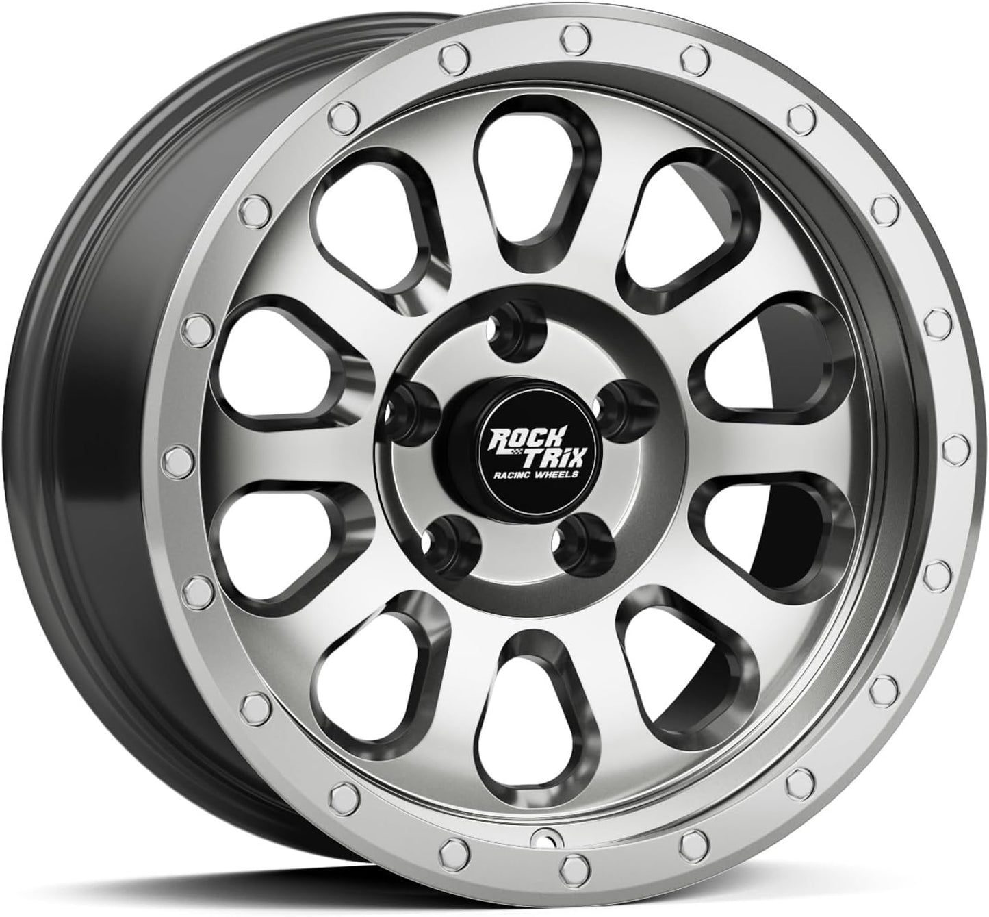 RockTrix RT111 17 inch Wheel Compatible with Jeep Wrangler JK JL 17x9 5x5 Wheels (-12mm Offset, 4.5in Backspace) 5x5 PCD, 71.5mm Bore, Gunmetal Polished Wheels, Also fits Gladiator JT Rims
