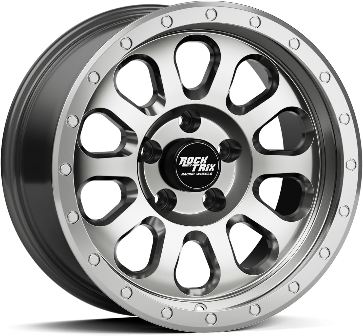 RockTrix RT111 17 inch Wheel Compatible with Jeep Wrangler JK JL 17x9 5x5 Wheels (-12mm Offset, 4.5in Backspace) 5x5 PCD, 71.5mm Bore, Gunmetal Polished Wheels, Also fits Gladiator JT Rims