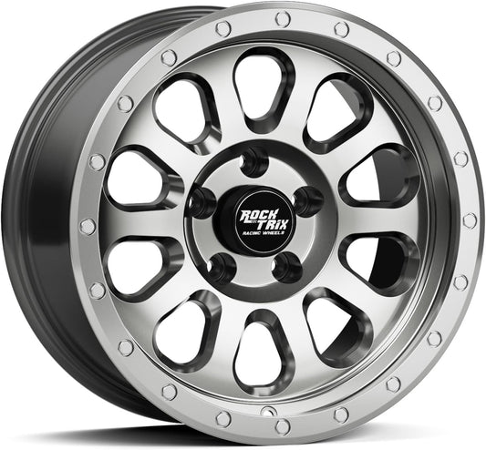 RockTrix RT111 17 inch Wheel Compatible with Jeep Wrangler JK JL 17x9 5x5 Wheels (-12mm Offset, 4.5in Backspace) 5x5 PCD, 71.5mm Bore, Gunmetal Polished Wheels, Also fits Gladiator JT Rims