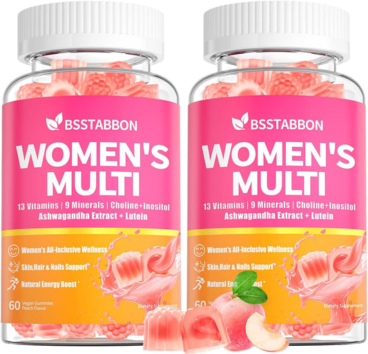 BSSTABBON Organic Women's Multivitamin Gummies: Vegan Vitamin Supplement with Iron B12 D3 Biotin Magnesium Plus Ashwagandha for Hair Skin Health Boost Energy - Sugar Free Methylated Gummy(120Count)